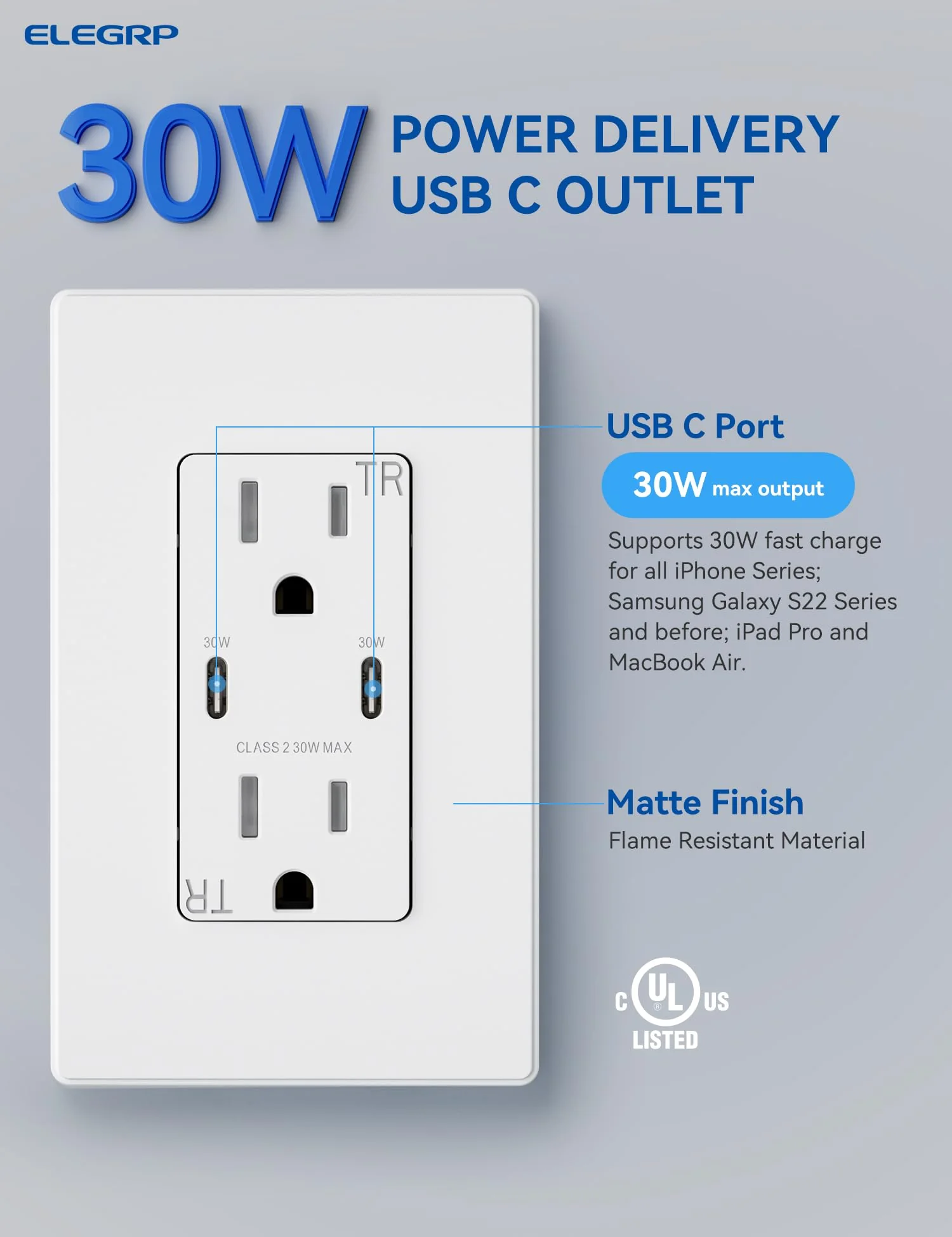 30W 6.0A Total Output USB Type C/C Outlet with 15A/20A, Tamper-Resistant Wall Outlet - Image 12