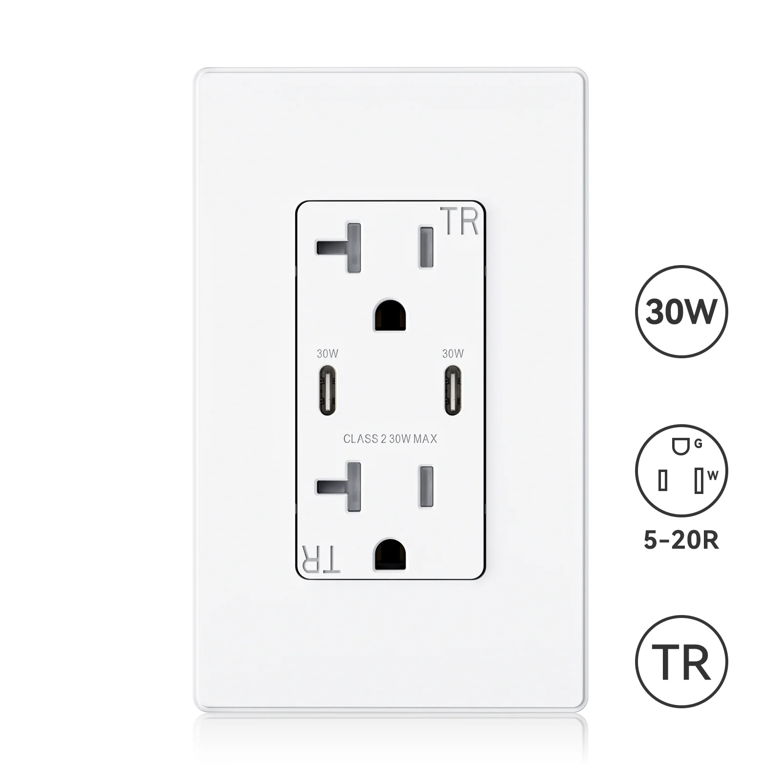 30W 6.0A Total Output USB Type C/C Outlet with 15A/20A, Tamper-Resistant Wall Outlet - Image 3