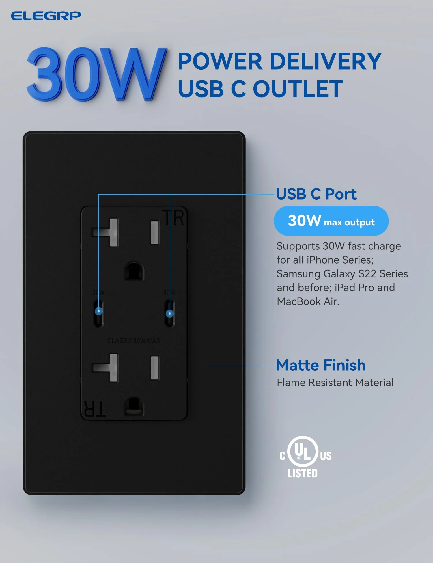 30W 6.0A Total Output USB Type C/C Outlet with 15A/20A, Tamper-Resistant Wall Outlet - Image 6