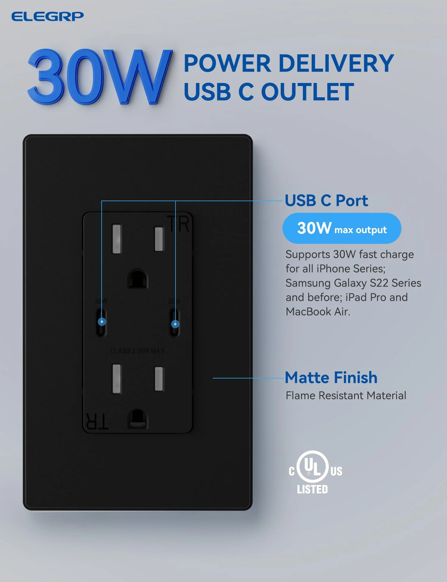 30W 6.0A Total Output USB Type C/C Outlet with 15A/20A, Tamper-Resistant Wall Outlet - Image 9