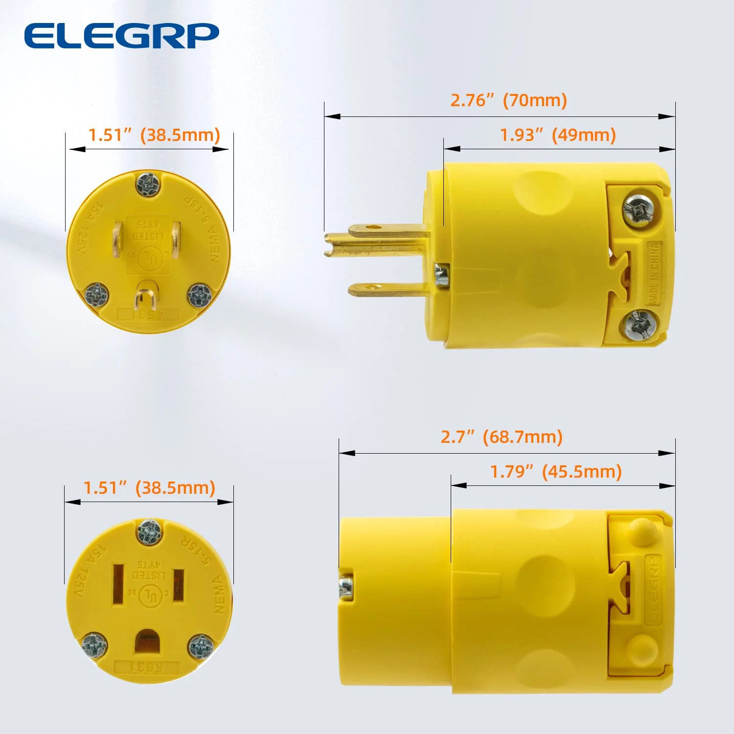 ELEGRP 15 Amp 125 Volt NEMA 5-15R Straight Blade Connector, 2 Pole 3 Wire Grounding, Yellow, Commercial Grade, 1 Pack - Image 11