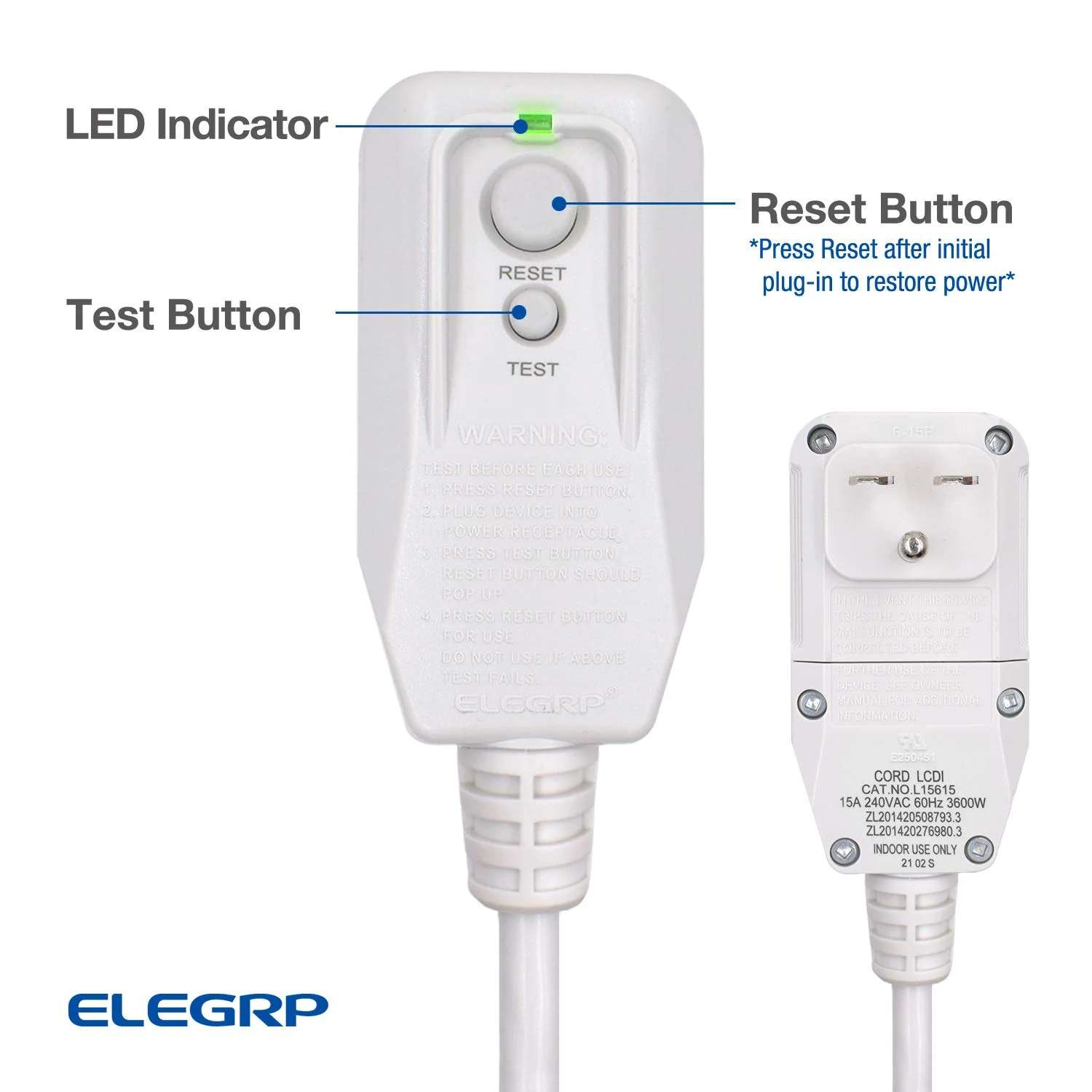 15A 240V 3600W, NEMA 6-15P, 14AWG, LCDI AC Power Cord with Safety Protection - Image 4