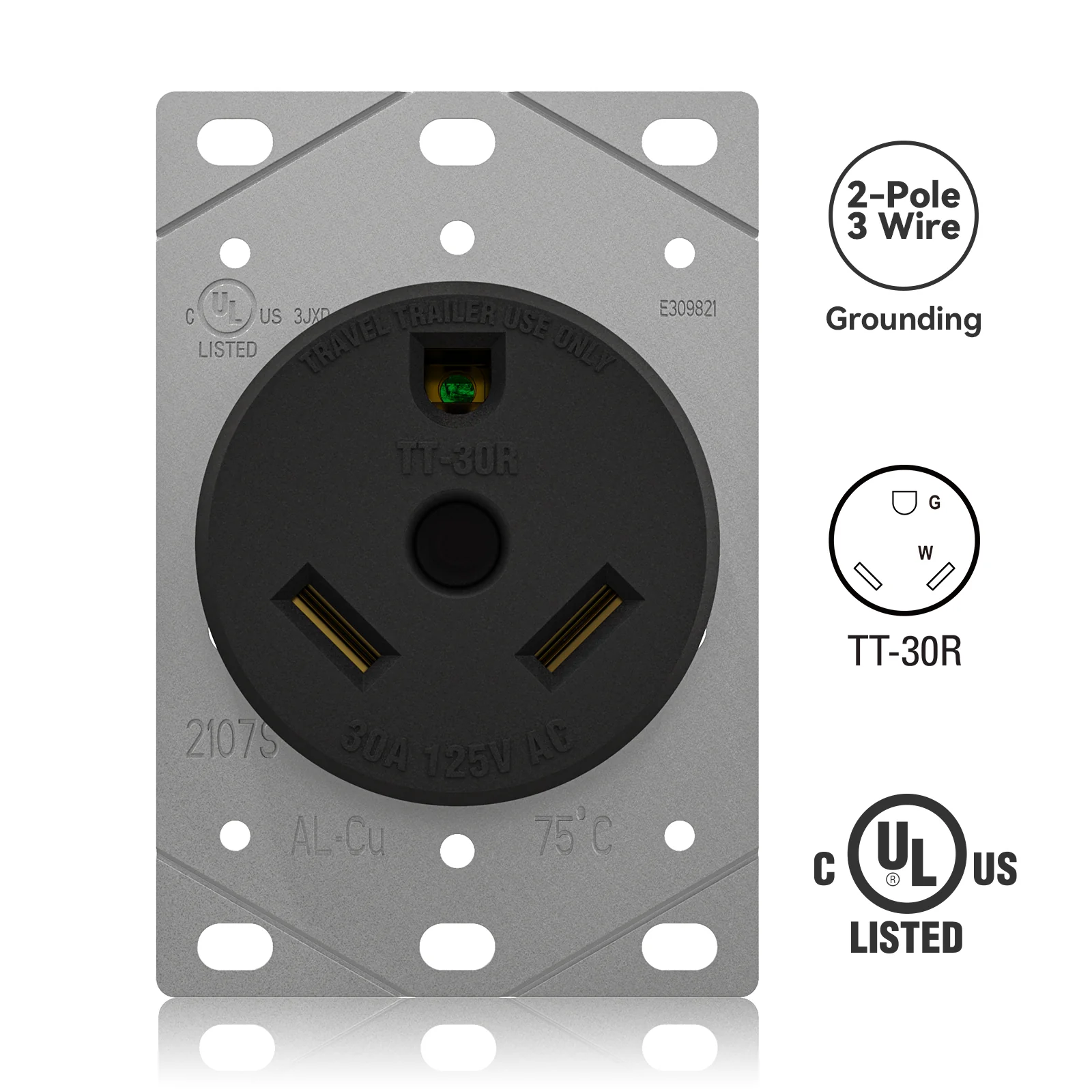 ELEGRP 30 Amp RV Receptacle, Flush Mount NEMA TT-30R Outlet & Heavy Duty NEMA TT-30P Plug, 125V, 2 Pole 3 Wire, UL Listed - Image 3