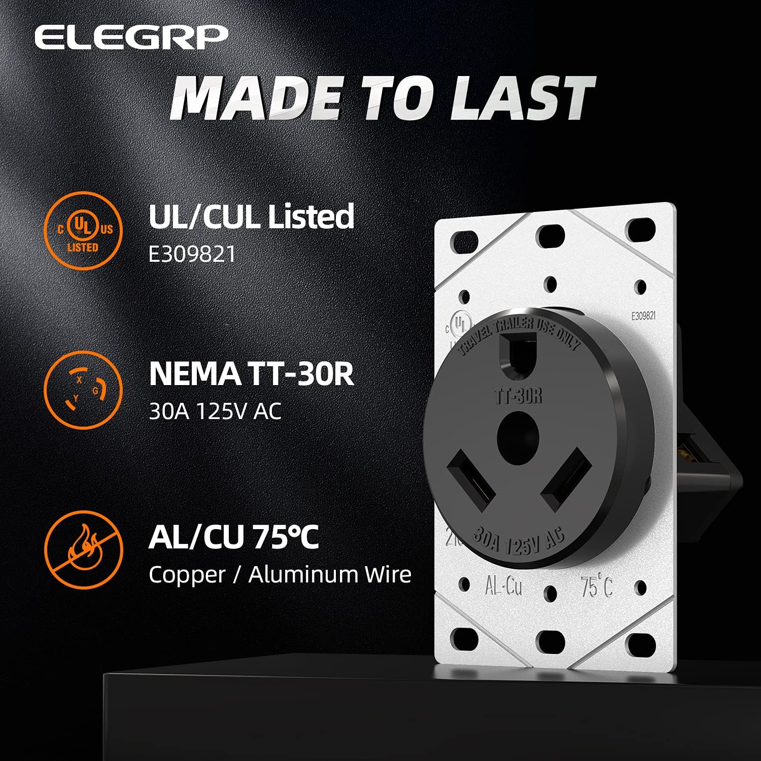 ELEGRP 30 Amp RV Receptacle, Flush Mount NEMA TT-30R Outlet & Heavy Duty NEMA TT-30P Plug, 125V, 2 Pole 3 Wire, UL Listed - Image 5
