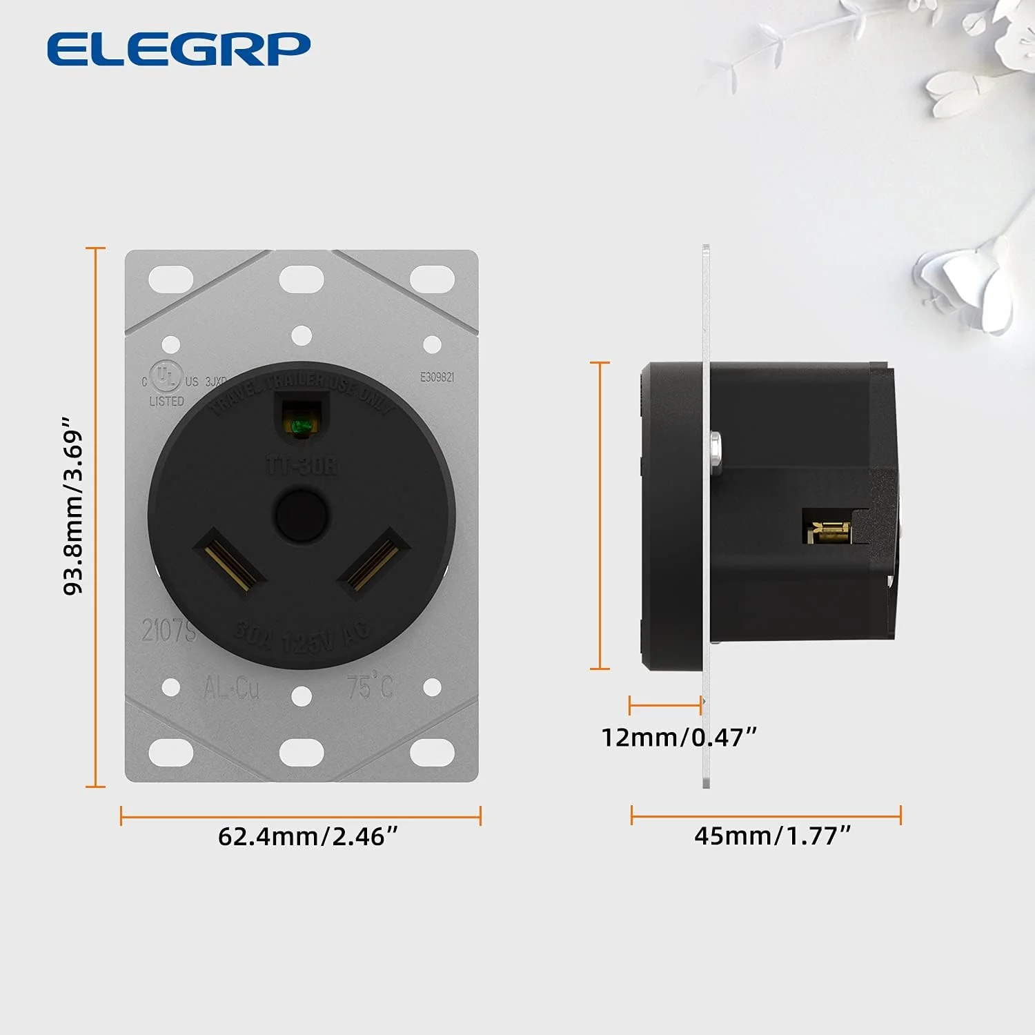 ELEGRP 30 Amp RV Receptacle, Flush Mount NEMA TT-30R Outlet & Heavy Duty NEMA TT-30P Plug, 125V, 2 Pole 3 Wire, UL Listed - Image 7