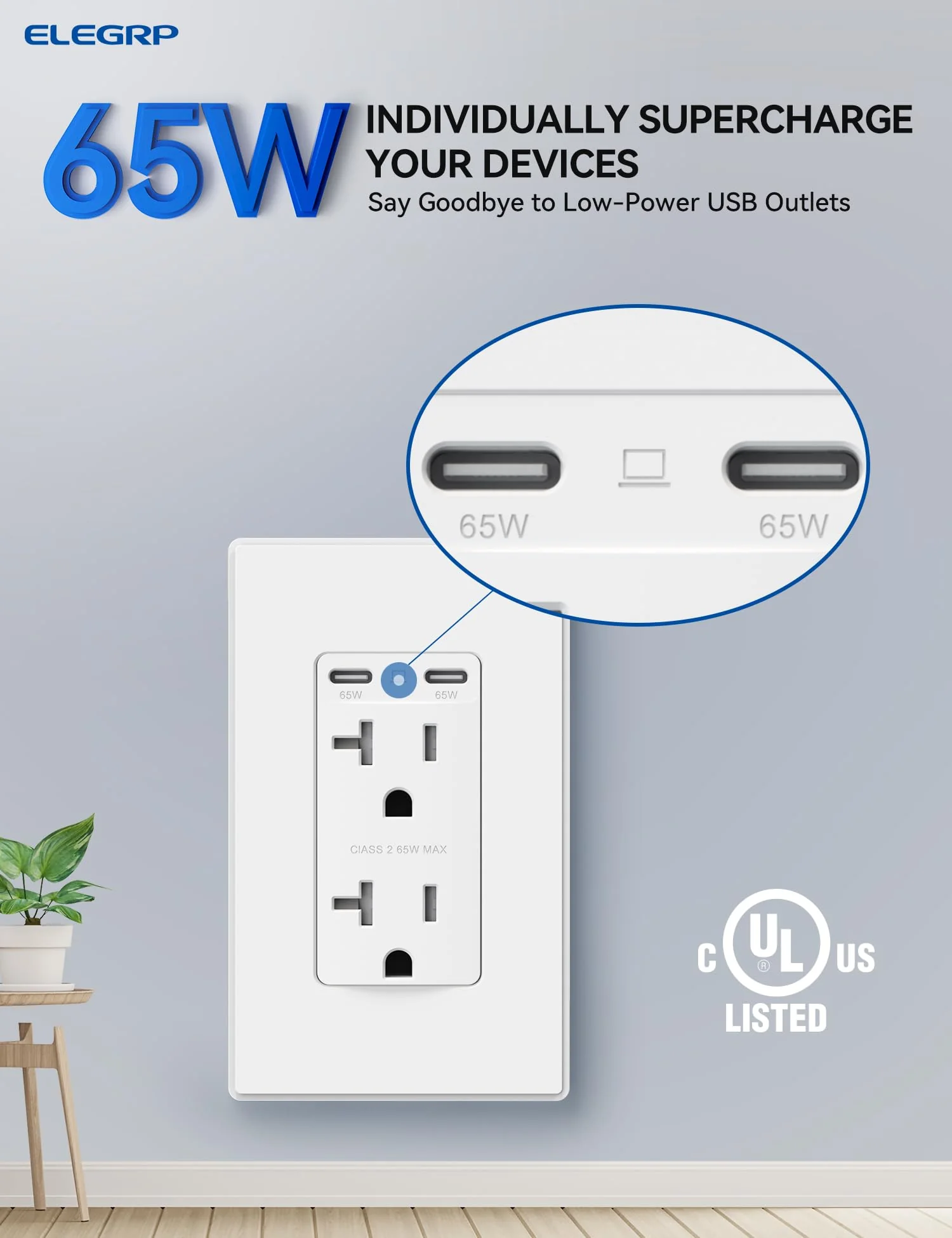 65W Total Output USB Type C/C, Fast Charging Outlet with 15A/20A, Tamper-Resistant Wall Outlet - Image 5