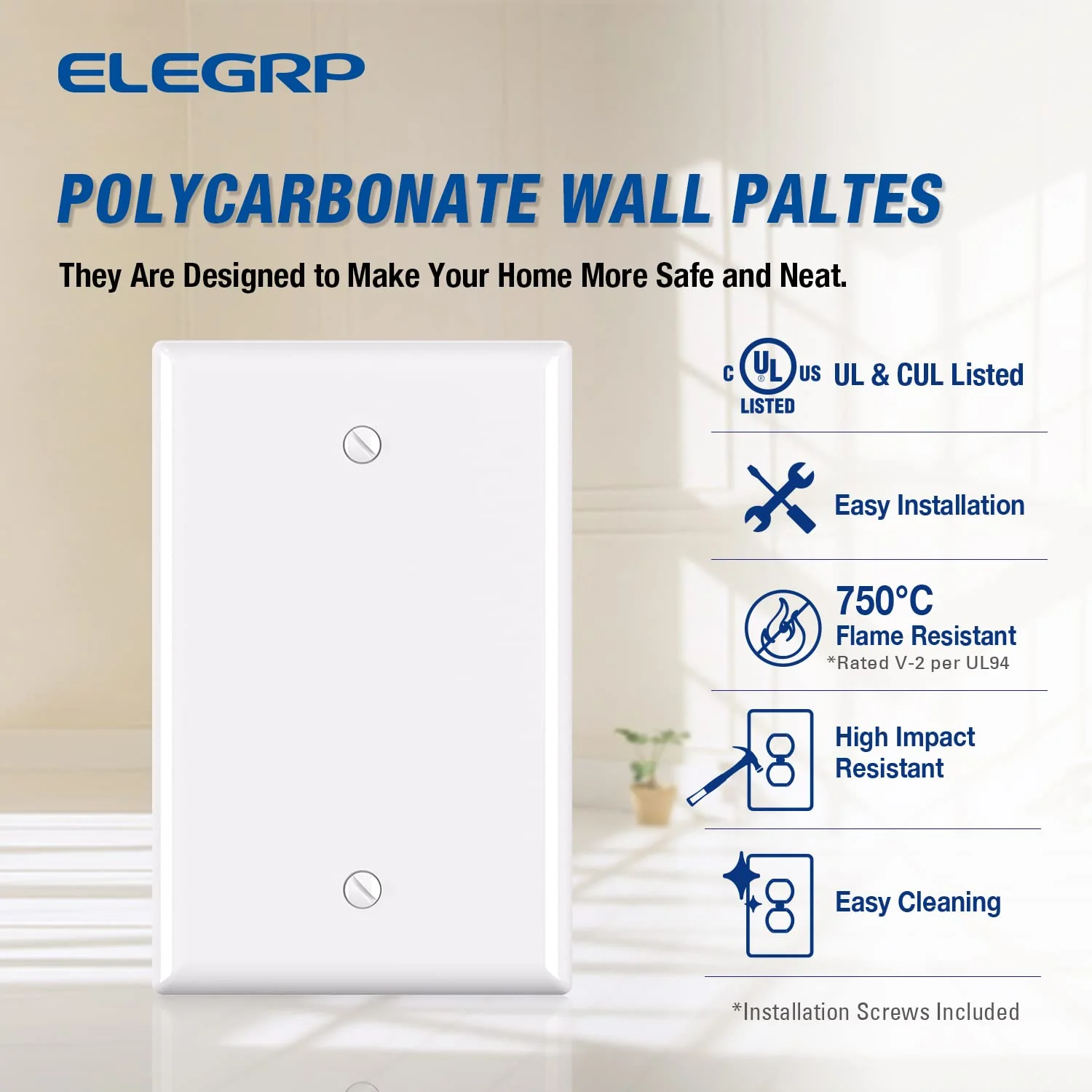 ELEGRP Blank Wall Plate Cover, Durable Polycarbonate, Glossy Finish, Easy Installation, 1-Gang & 2-Gang, UL Listed - Image 7