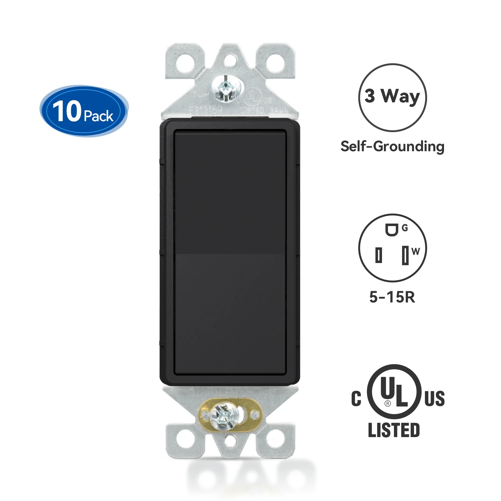 ELEGRP Decorative Light Switch, 3-Way, Self-Grounding, 15A 120-277V, UL Listed, 10 Pack - Image 3