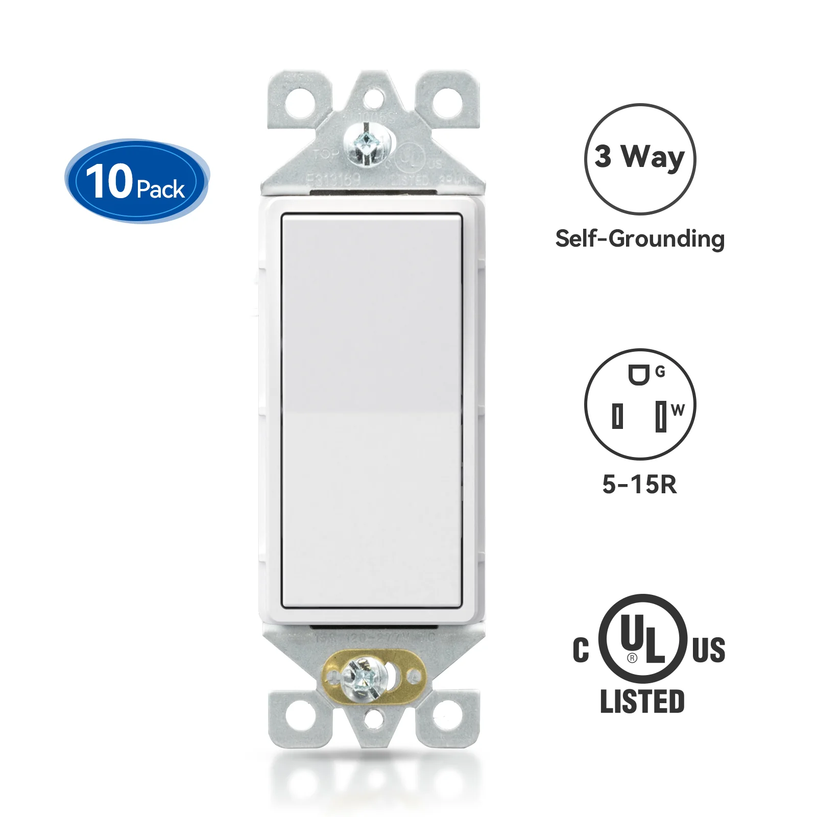 ELEGRP Decorative Light Switch, 3-Way, Self-Grounding, 15A 120-277V, UL Listed, 10 Pack - Image 4
