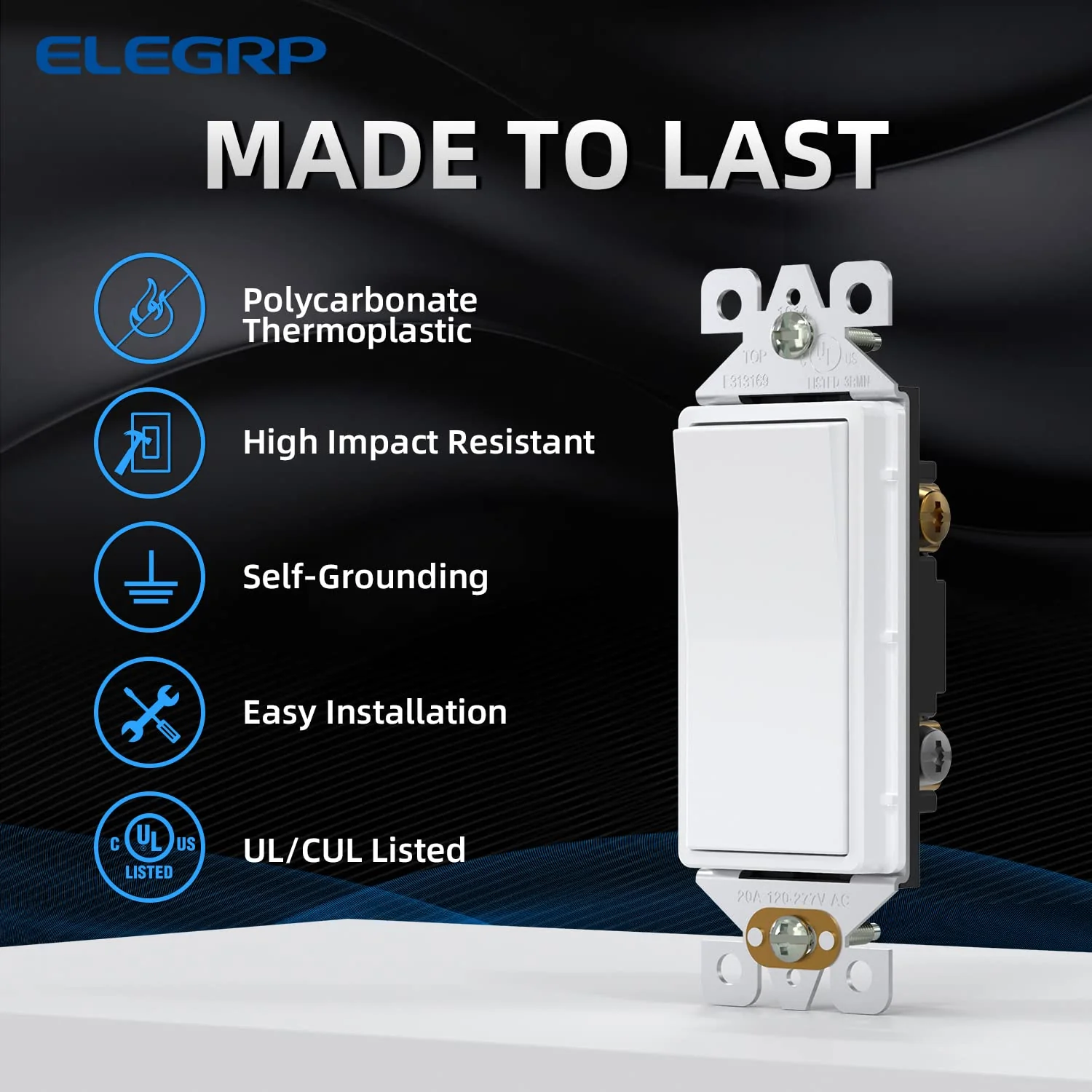 ELEGRP Decorative Light Switch, 3-Way, Self-Grounding, 15A 120-277V, UL Listed, 10 Pack - Image 6