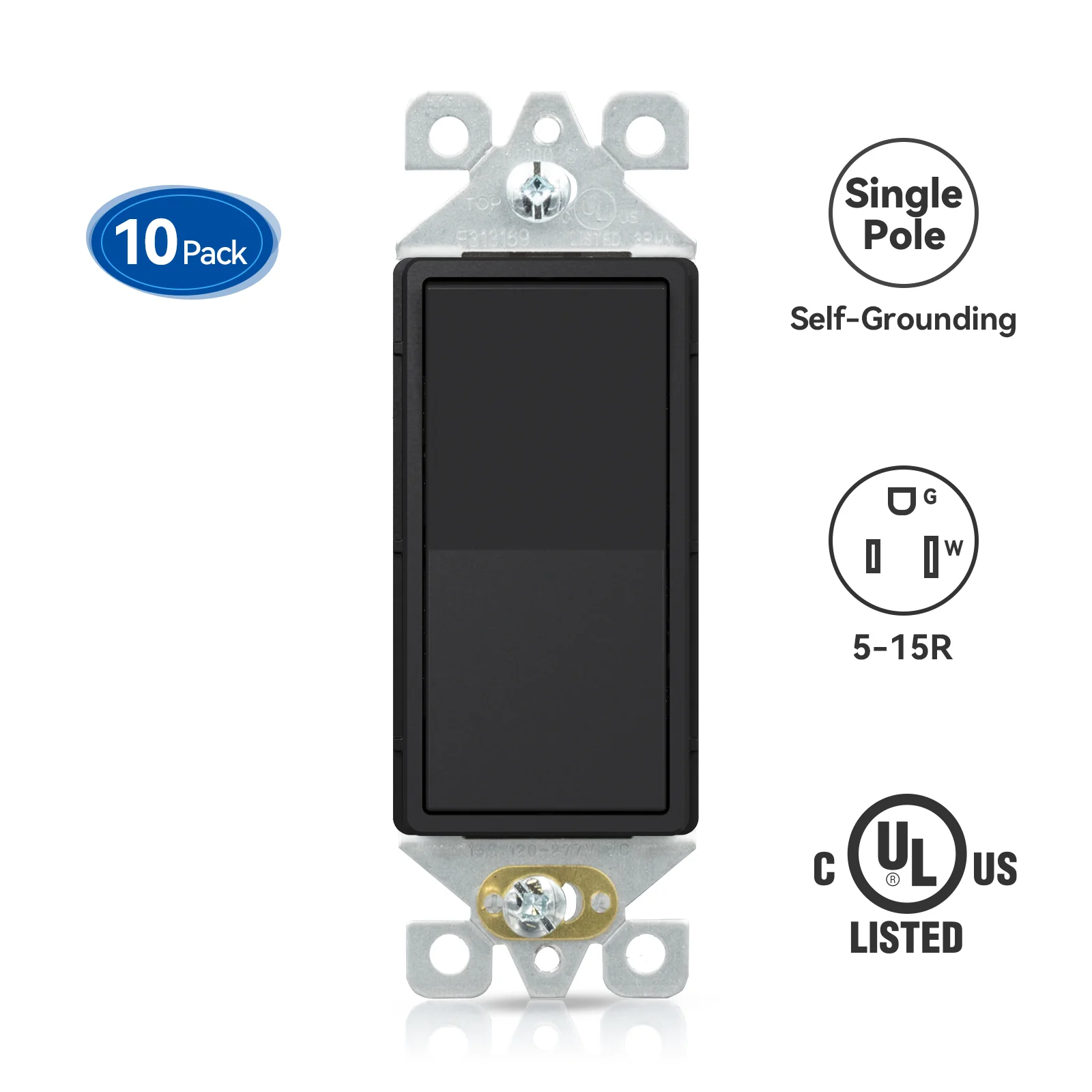 ELEGRP Standard Decorative Single Pole Light Switch, Self-Grounding, 15A 120-277V, Glossy/Matte White or Black, UL Listed, 10 Pack - Image 3