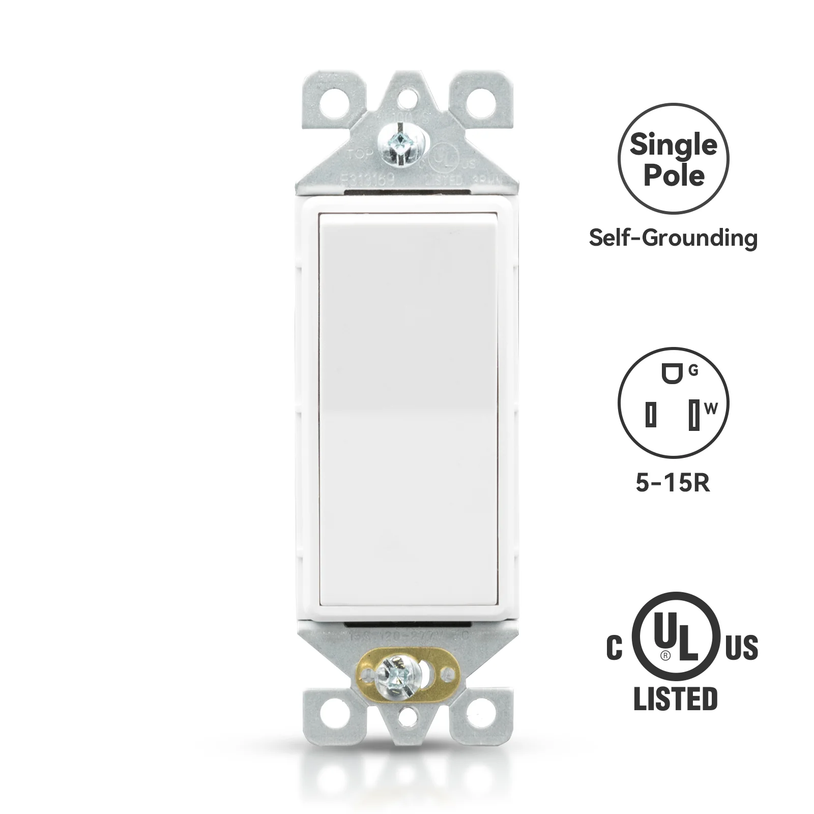 ELEGRP Standard Decorative Single Pole Light Switch, Self-Grounding, 15A 120-277V, Glossy/Matte White or Black, UL Listed, 10 Pack - Image 4