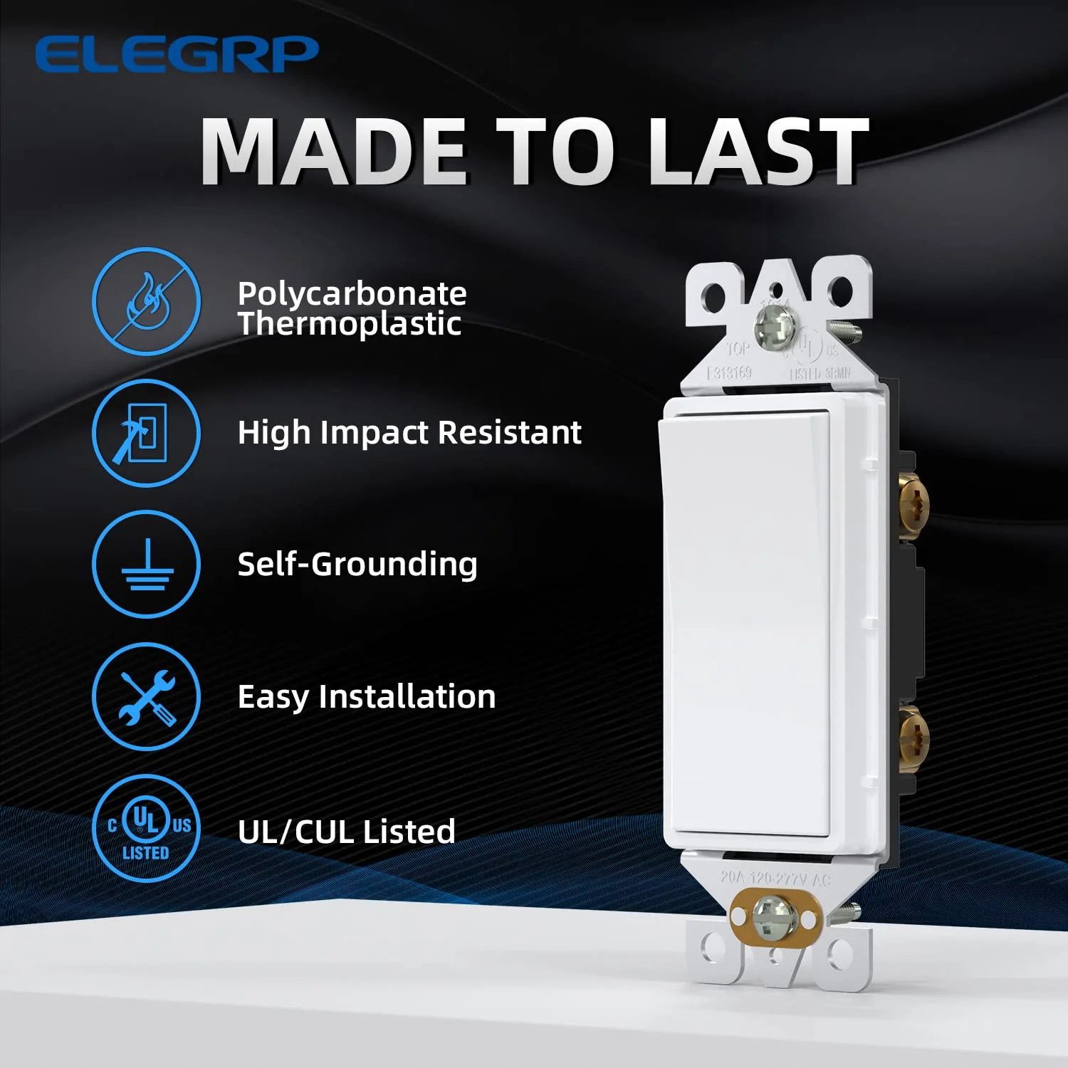 ELEGRP Standard Decorative Single Pole Light Switch, Self-Grounding, 15A 120-277V, Glossy/Matte White or Black, UL Listed, 10 Pack - Image 5