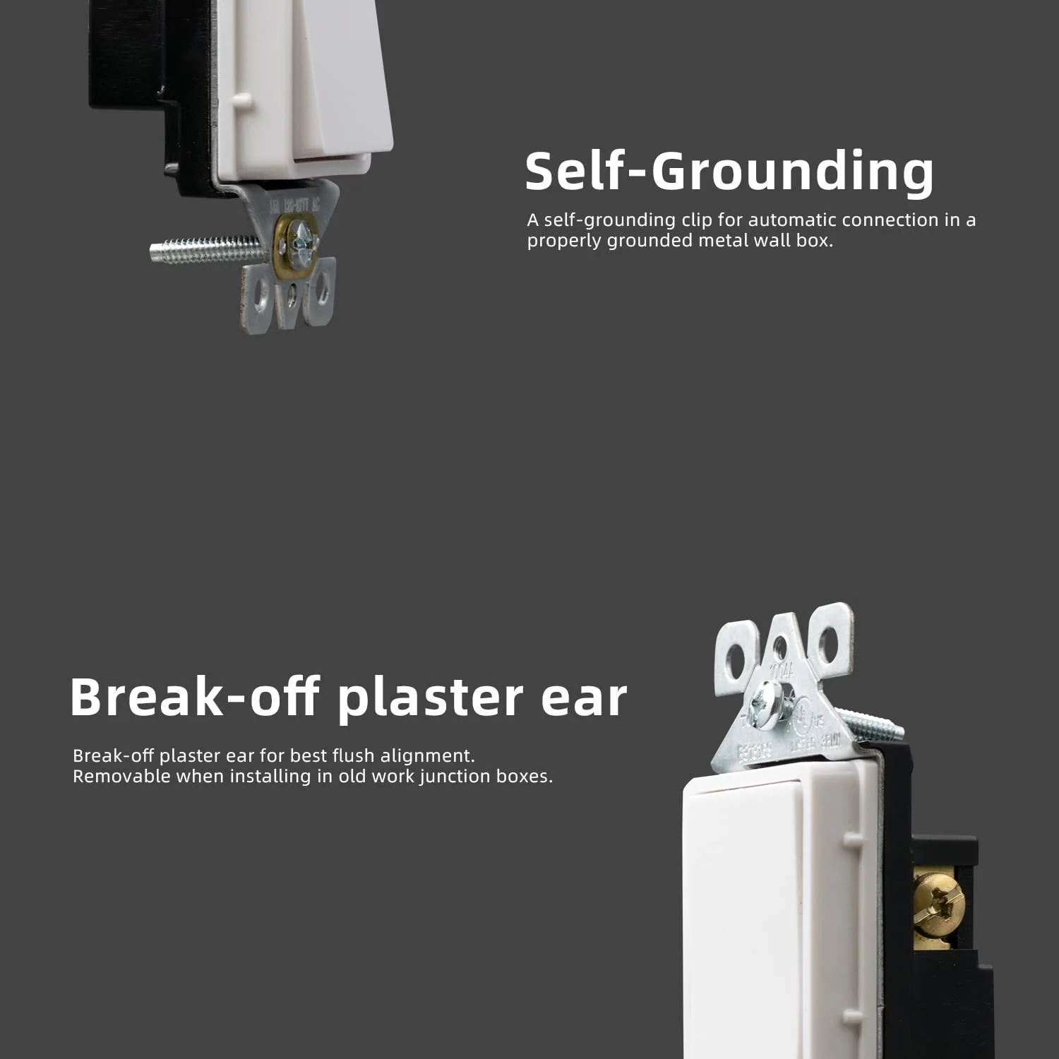 ELEGRP Standard Decorative Single Pole Light Switch, Self-Grounding, 15A 120-277V, Glossy/Matte White or Black, UL Listed, 10 Pack - Image 8