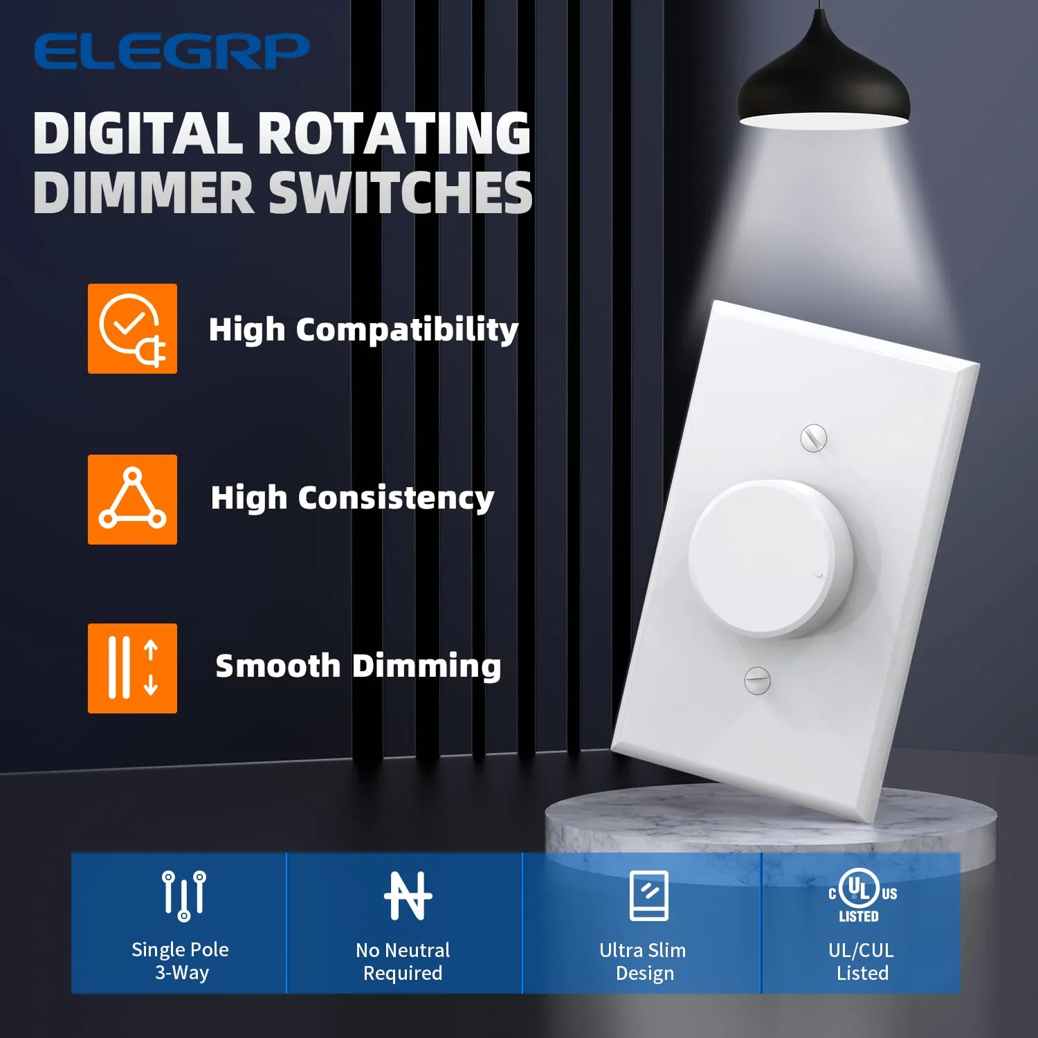 ELEGRP Digital Rotating Dimmer Switch, Single Pole/3-Way, for LED, CFL, and Incandescent Bulbs, Wall Plate Included, UL Listed - Image 7