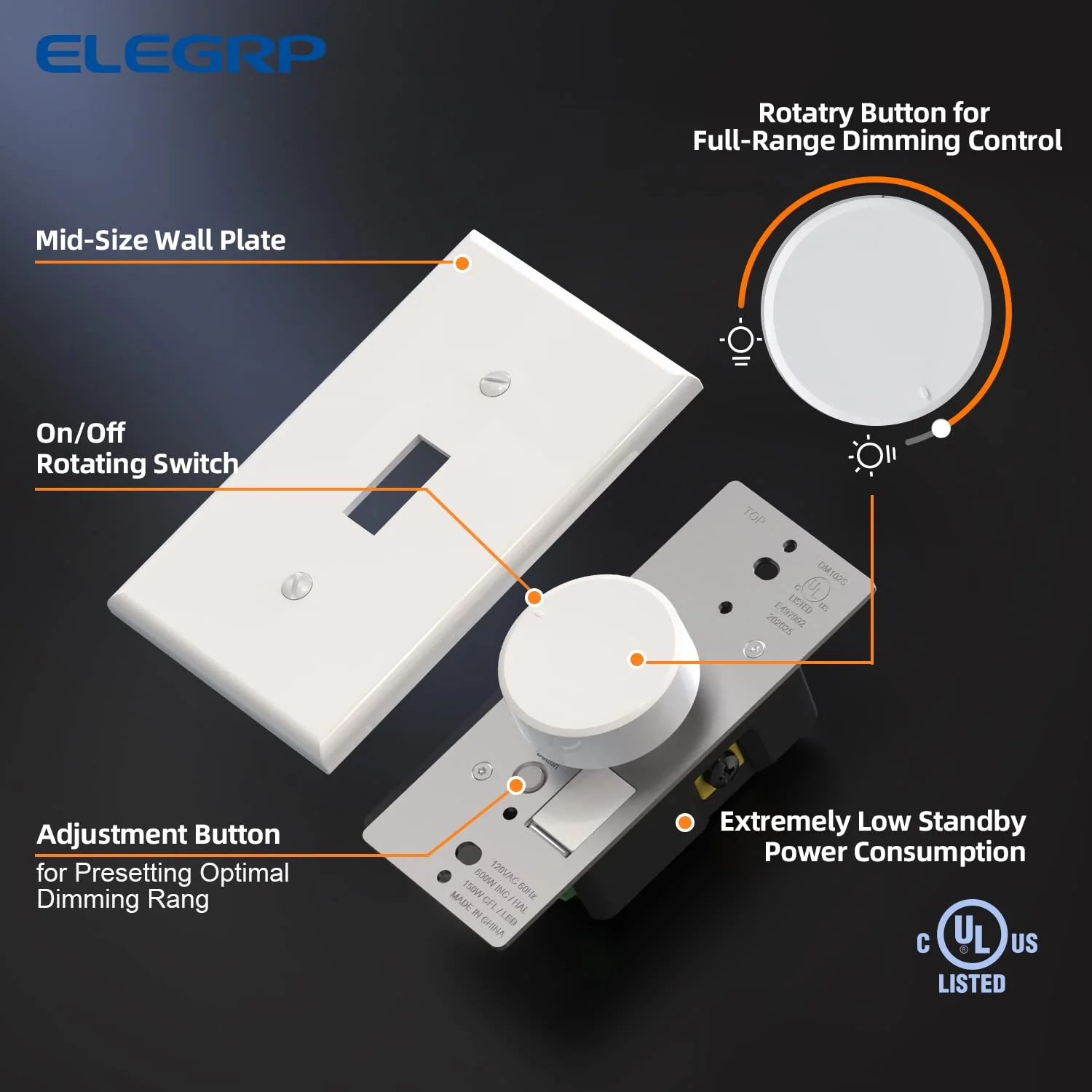 ELEGRP Digital Rotating Dimmer Switch, Single Pole/3-Way, for LED, CFL, and Incandescent Bulbs, Wall Plate Included, UL Listed - Image 8