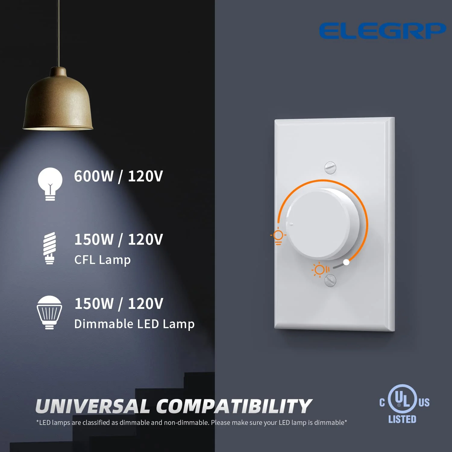 ELEGRP Digital Rotating Dimmer Switch, Single Pole/3-Way, for LED, CFL, and Incandescent Bulbs, Wall Plate Included, UL Listed - Image 9