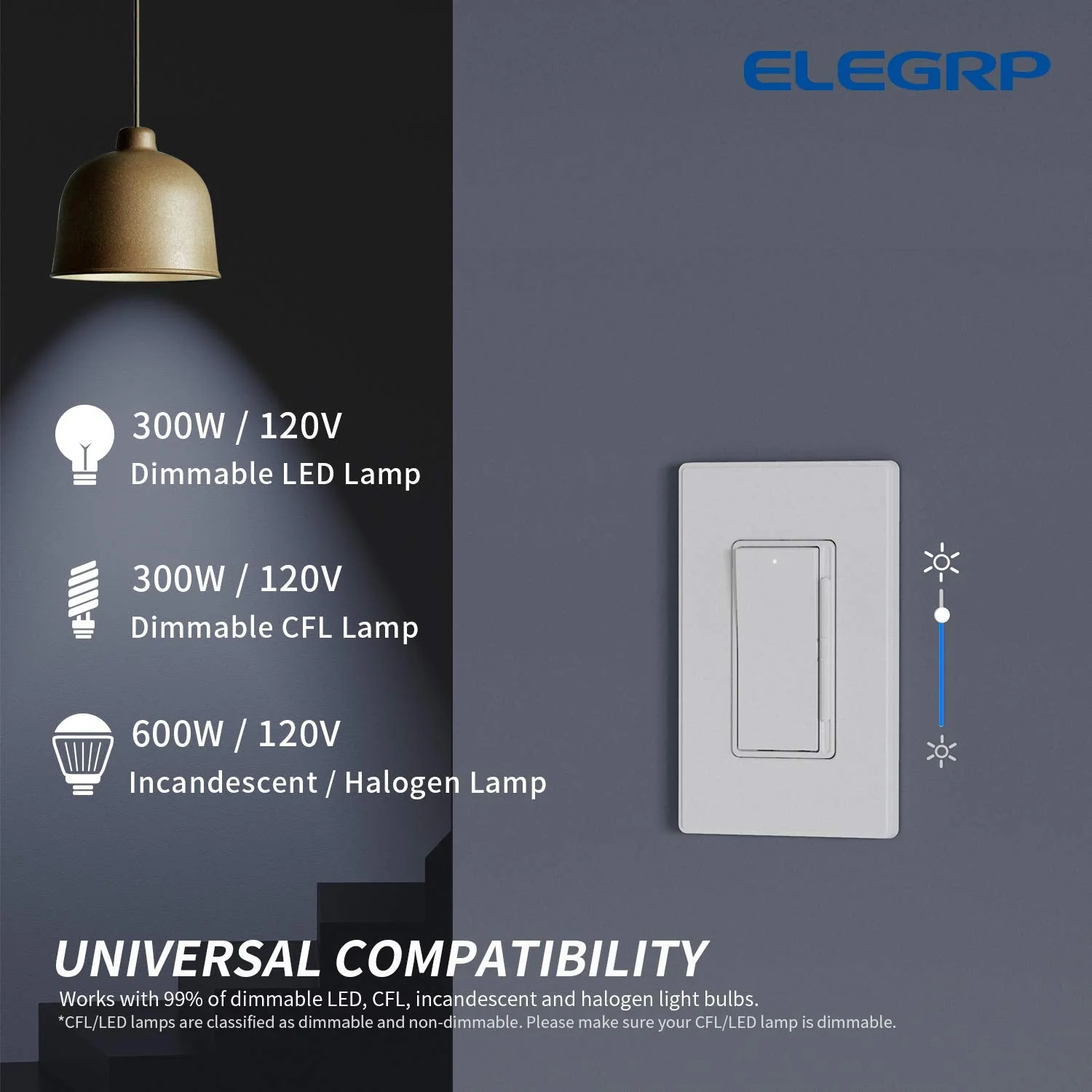 ELEGRP Digital Slide Dimmer Switch, Single-Pole/3-Way, for LED, CFL, Incandescent Bulbs, Wall Plate Included, UL Listed - Image 4