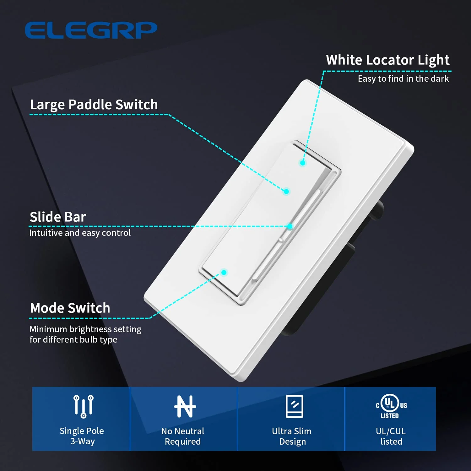 ELEGRP Digital Slide Dimmer Switch, Single-Pole/3-Way, for LED, CFL, Incandescent Bulbs, Wall Plate Included, UL Listed - Image 6