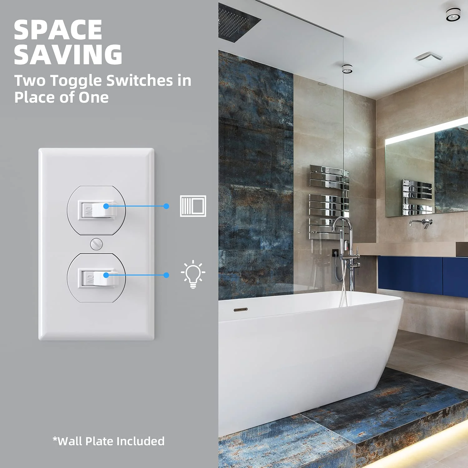 ELEGRP Double Toggle Light Switch, Dual Single-Pole Electrical Switch, 15A 120V, Self-Grounding, Wall Plate Included, UL Listed - Image 6