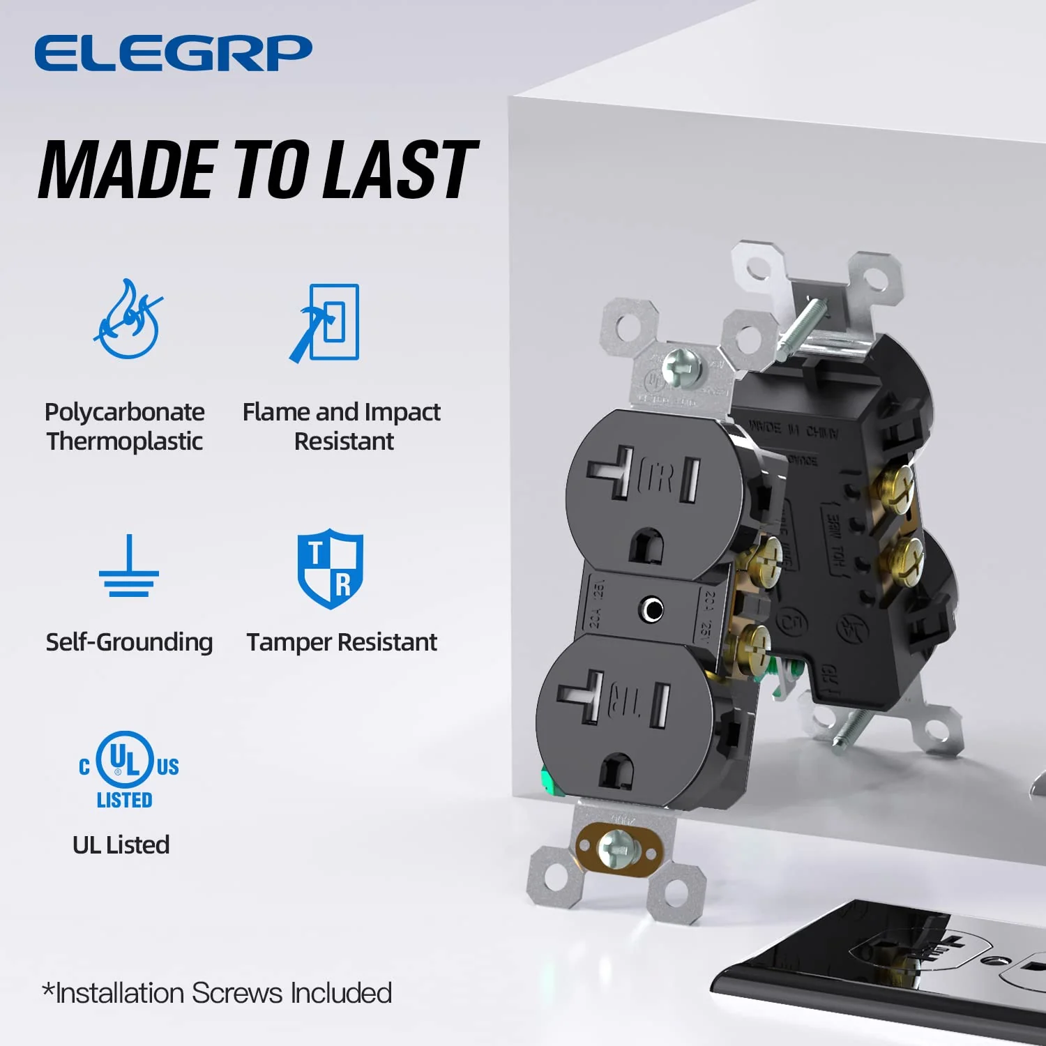 ELEGRP Duplex Outlets, 20A 125V, TR & WR, Tamper-Resistant and Weatherproof, 2 Pole 3 Wire, Back and Side Wiring, UL Listed - Image 10