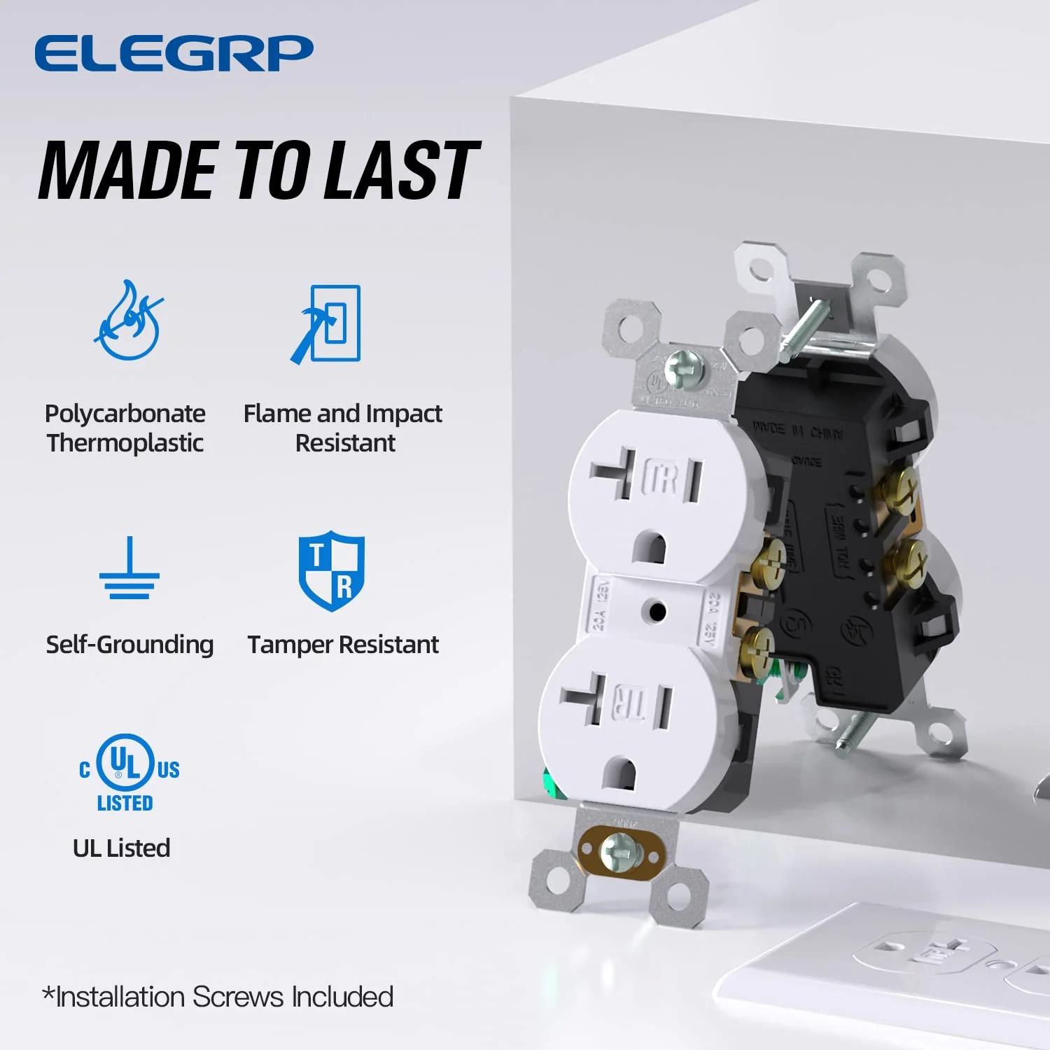 ELEGRP Duplex Outlets, 20A 125V, TR & WR, Tamper-Resistant and Weatherproof, 2 Pole 3 Wire, Back and Side Wiring, UL Listed - Image 15