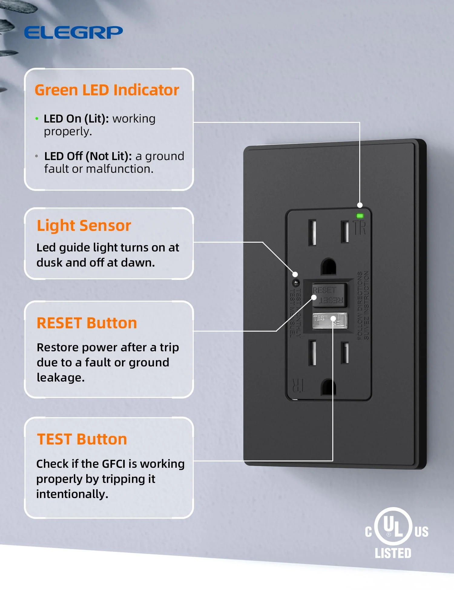 15A/20A, Self-Test, Tamper-Resistant GFCI Outlet with Nightlight - Image 8