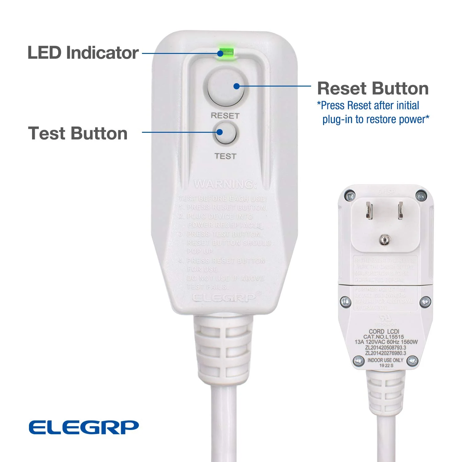 13A 120V 1560W, NEMA 5-20P, 16AWG, LCDI AC Power Cord with Safety Protection - Image 5