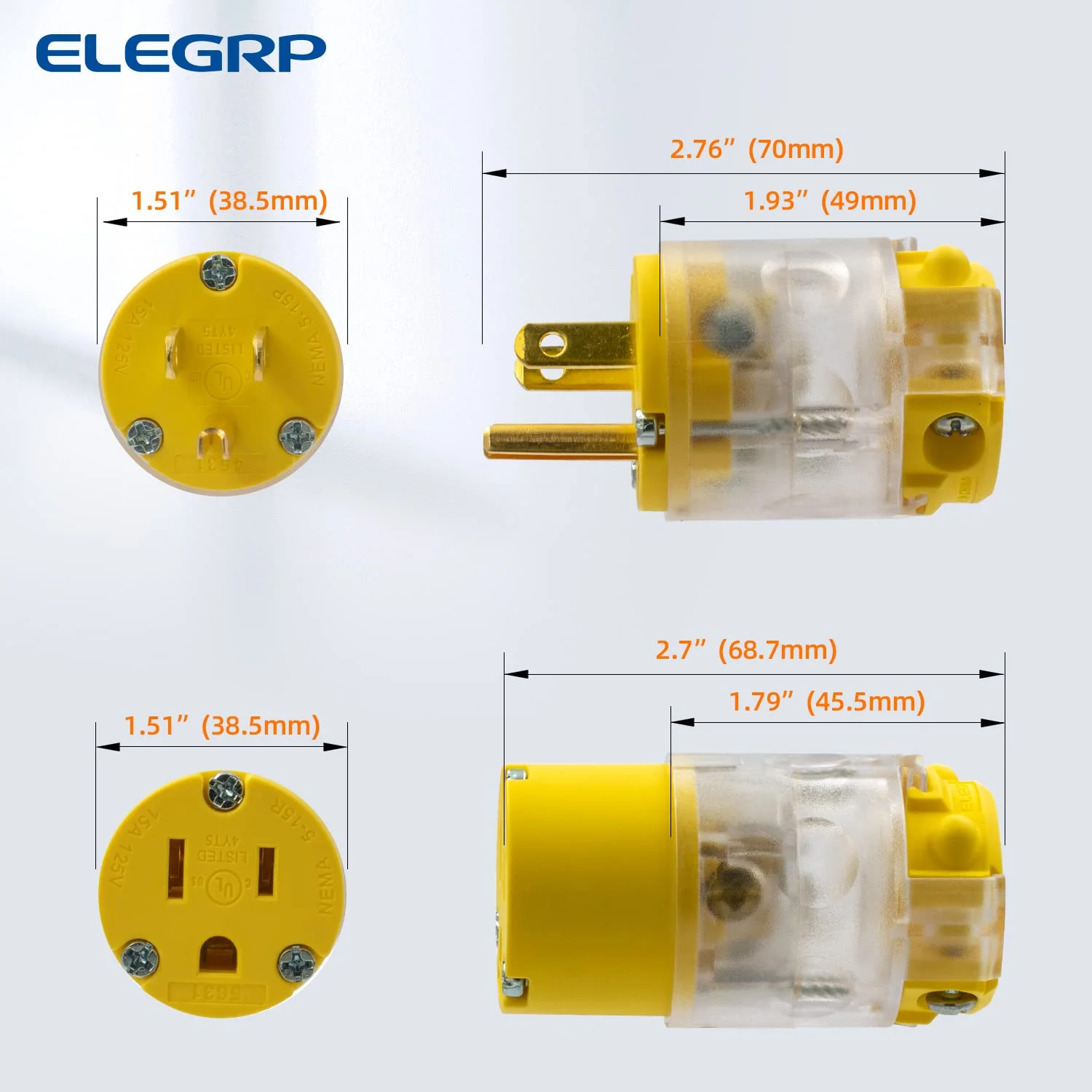 ELEGRP Lighted Electrical Plug and Connector Set, 15A 125V, NEMA 5-15P & NEMA 5-15R, 2 Pole 3 Wire Grounding, Commercial Grade, Yellow - Image 17
