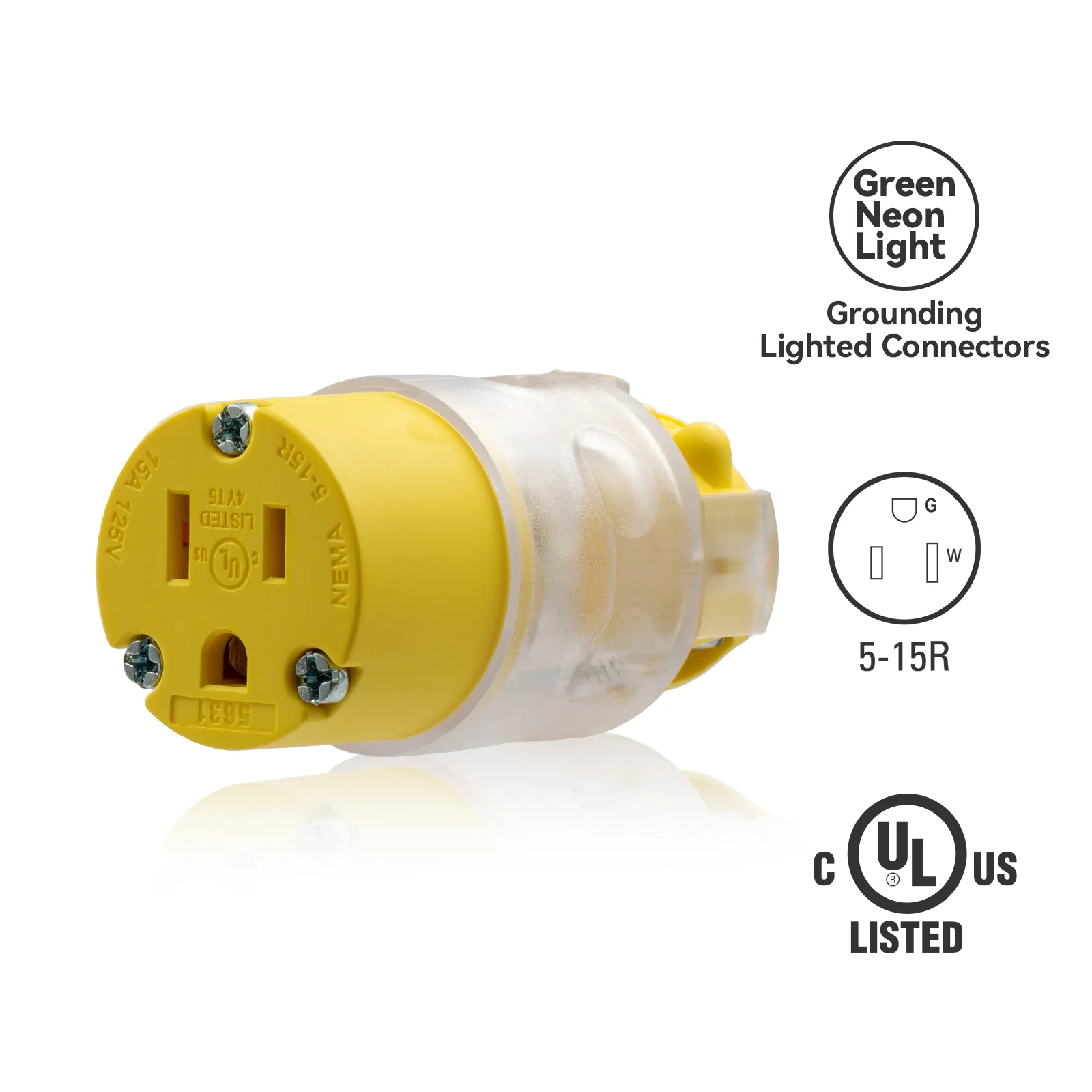 ELEGRP Lighted Electrical Plug and Connector Set, 15A 125V, NEMA 5-15P & NEMA 5-15R, 2 Pole 3 Wire Grounding, Commercial Grade, Yellow - Image 3