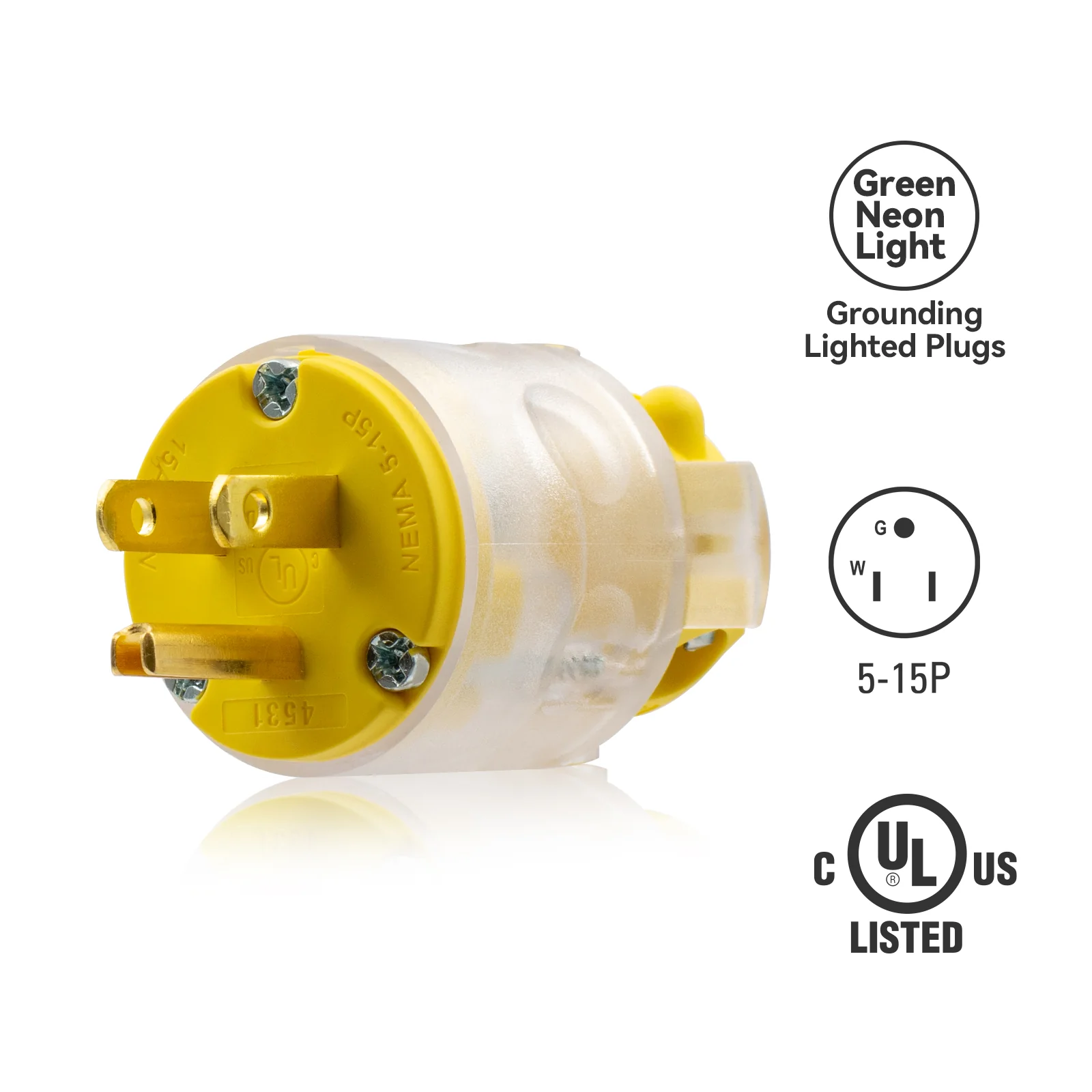 ELEGRP Lighted Electrical Plug and Connector Set, 15A 125V, NEMA 5-15P & NEMA 5-15R, 2 Pole 3 Wire Grounding, Commercial Grade, Yellow - Image 4