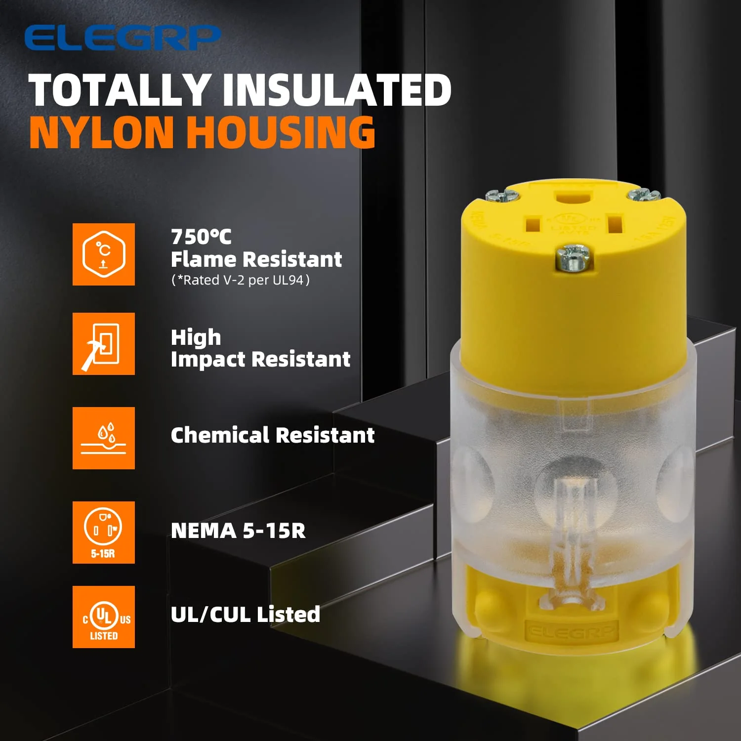 ELEGRP Lighted Electrical Plug and Connector Set, 15A 125V, NEMA 5-15P & NEMA 5-15R, 2 Pole 3 Wire Grounding, Commercial Grade, Yellow - Image 8