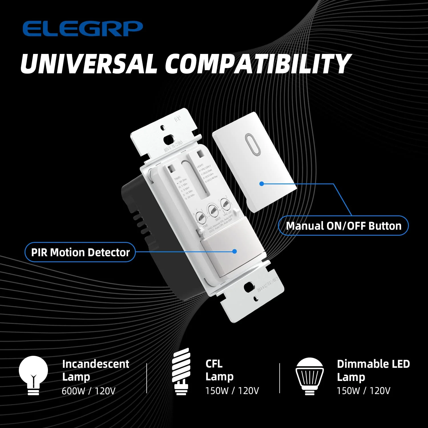 ELEGRP Motion Sensor Light Switch, Single-Pole or Dual Location Control, No Neutral Wire Needed, Wall Plate Included, UL Listed - Image 8