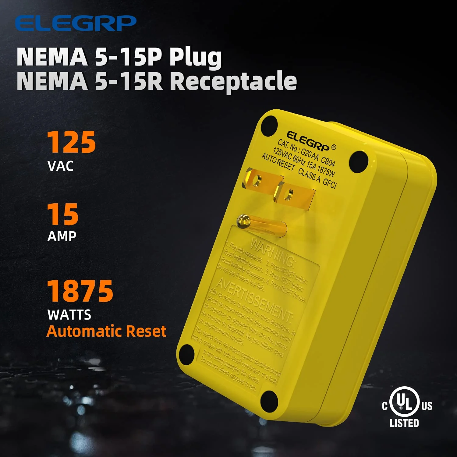 15A 125V, 5-15P 3-Prong Grounding, Single Outlet, Portable GFCI Adapter - Image 6