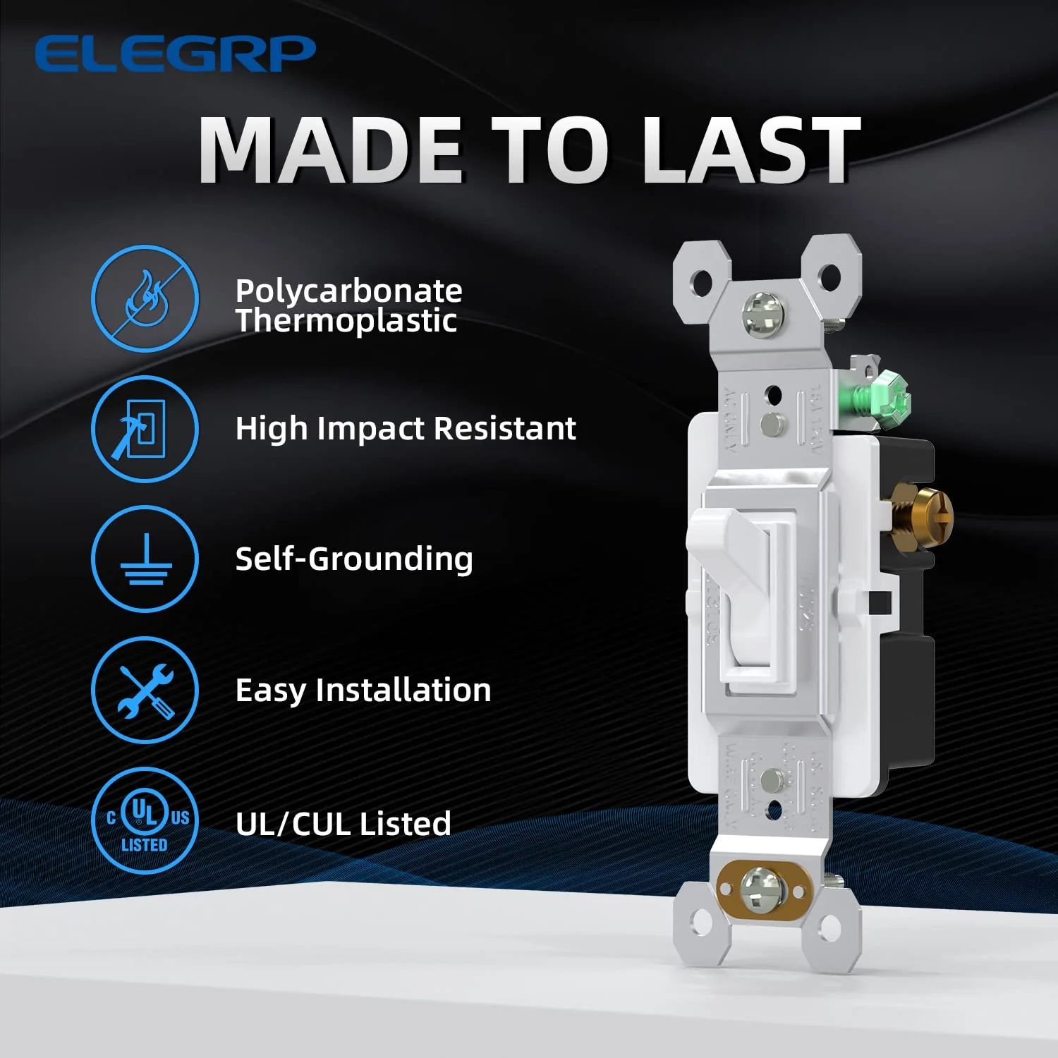 ELEGRP Standard Light Switch, Decorative Single Pole, Self-Grounding, 15A 120-277V, UL Certified, 10 Pack - Image 10