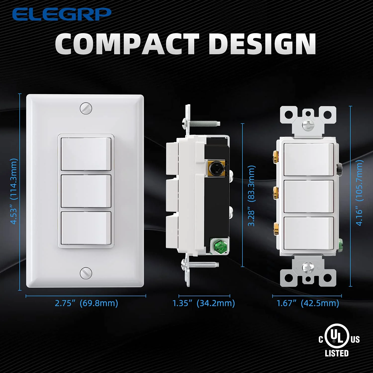 ELEGRP Combination Light Switch, 3 Single Pole Decorative Switches, 15A 125V, Wall Plate Included, Durable Thermoplastic, Easy Installation - Image 5