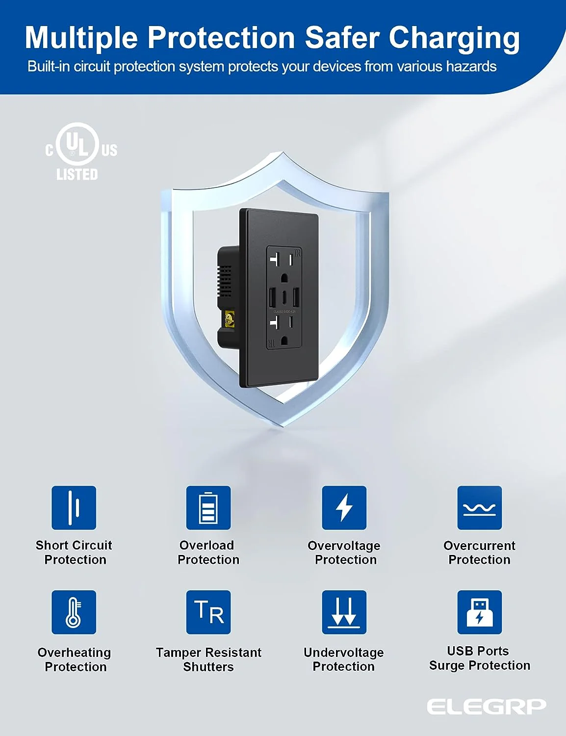 4.2A 5VDC Total Output USB Type A/A/C Outlet with 15A/20A, Tamper-Resistant Wall Outlet - Image 8