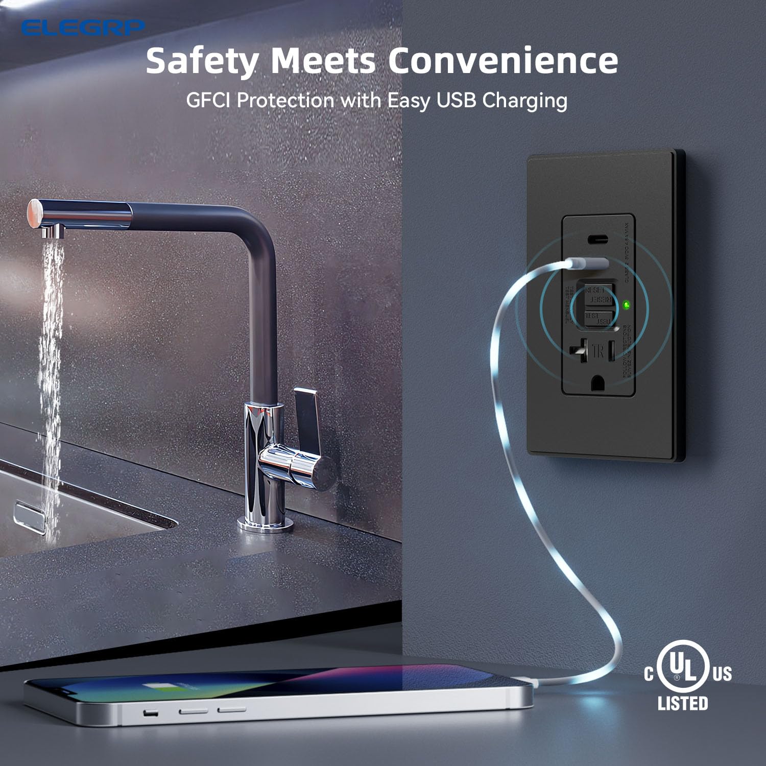 15A/20A 125V 24W, Tamper-Resistant GFCI Outlet with USB Type C/C Ports - Image 3